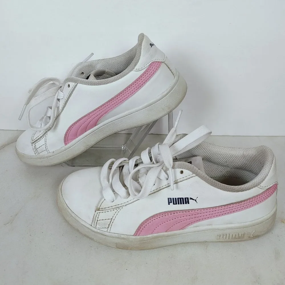 Puma Girls' Kids' Smash V2 L White Pink Low Sneakers Tennis Shoes, Sz 3C